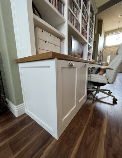 PCW Custom Cabinetry Design Office Custom desk rift white oak top open shelves 4