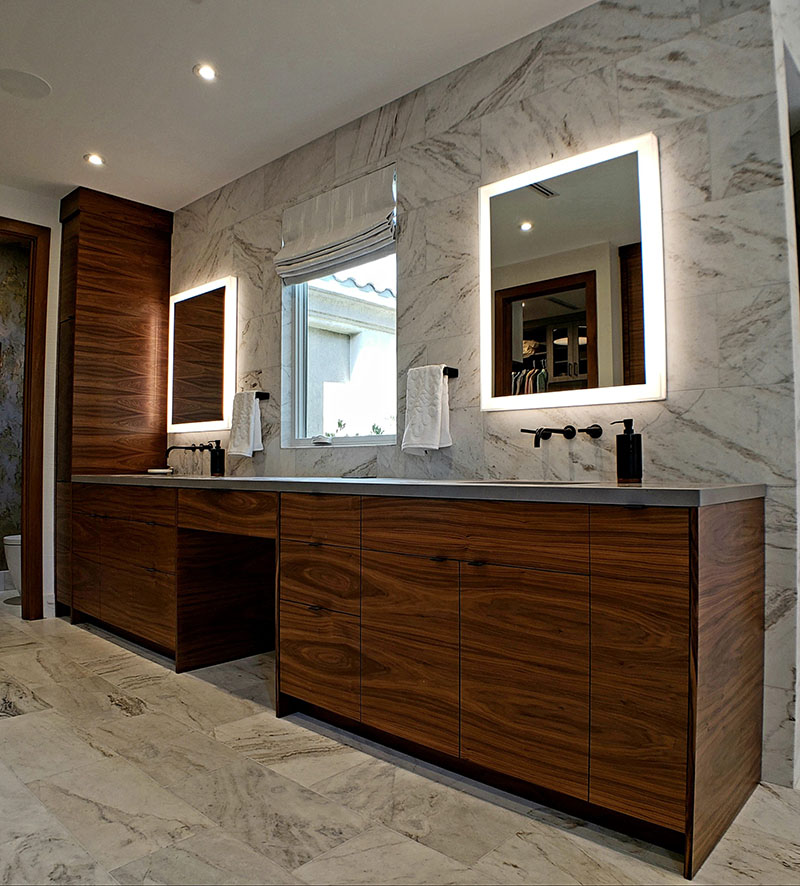 PCW Custom Cabinetry Design Bathroom horizontal matched grain walnut vanity