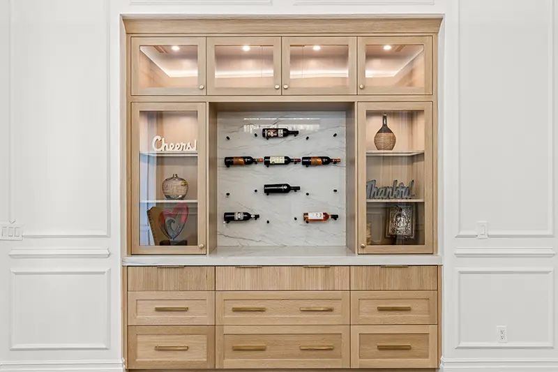 rift white oak shaker reeded doors lighted cabinets dining room