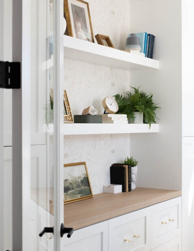 Sunset Sage Open office shelves white custom cabinets right white oak top 2