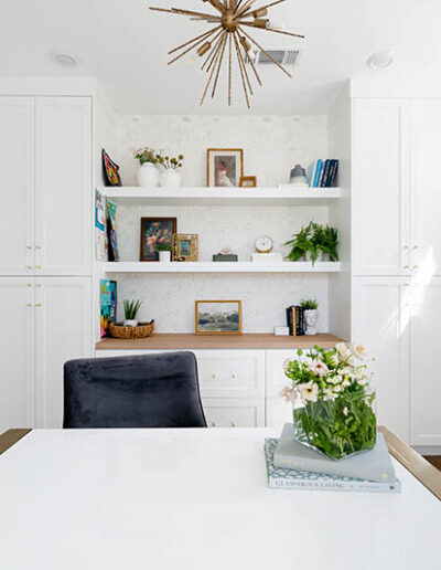 Sunset Sage Open office shelves white custom cabinets right white oak top 3